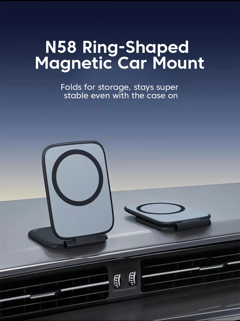 Black N58 ring-shaped magnetic car phone mount with foldable stand