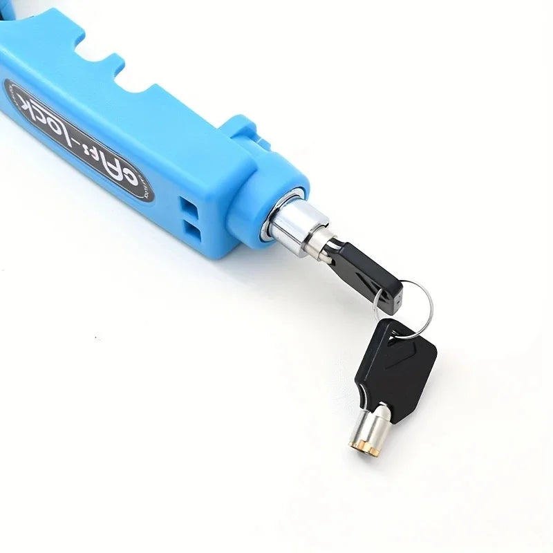 Blue anti-theft lock body with key inserted and two keys attached