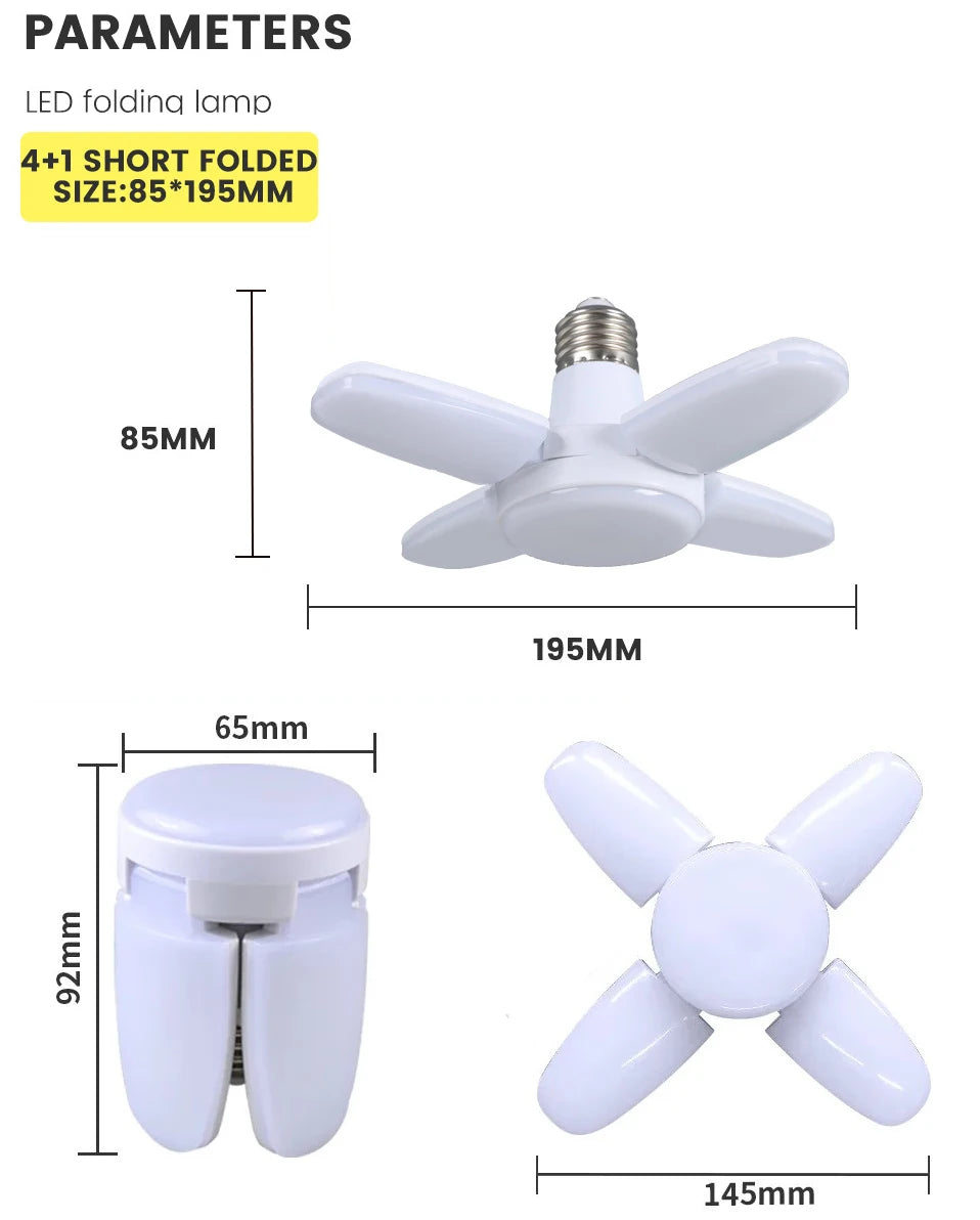 White E27 folding LED lamp diagram showing unfolded and folded dimensions