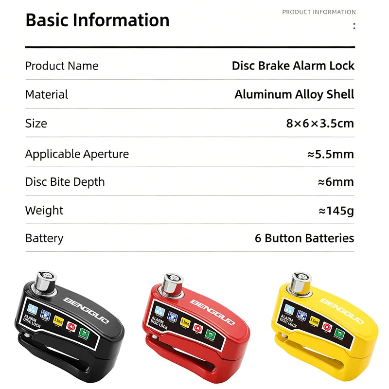 Disc brake alarm lock lineup in black, red, and yellow with size and battery info