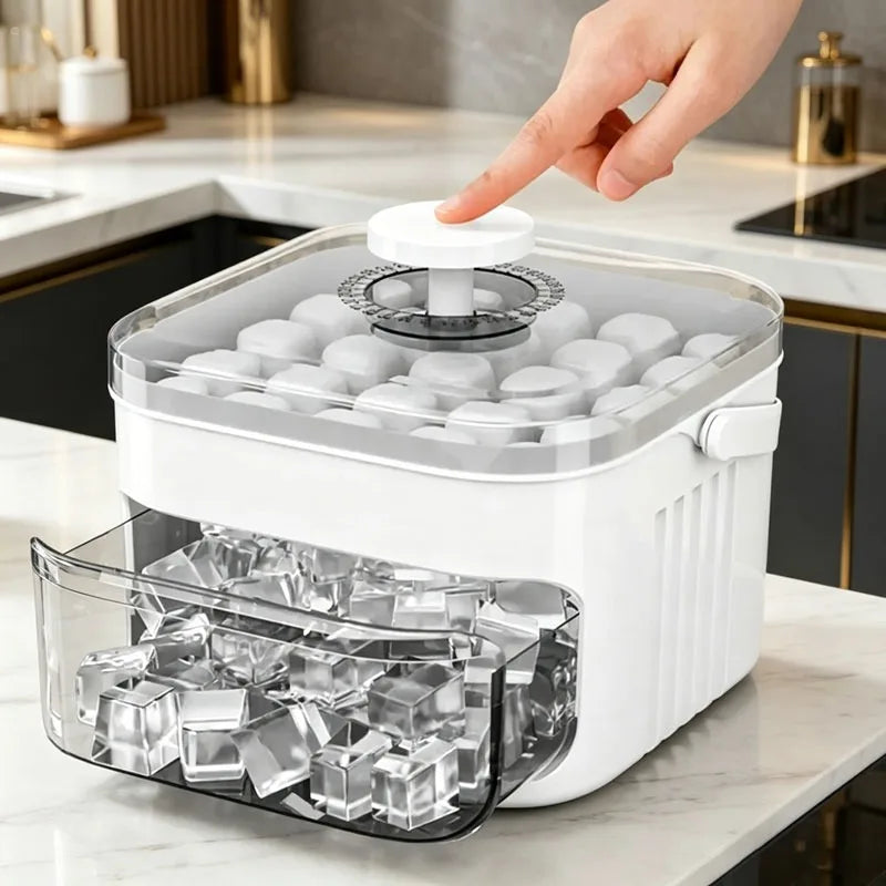 White ice cube machine with clear bin, ice molds on top, and hand pressing lid.