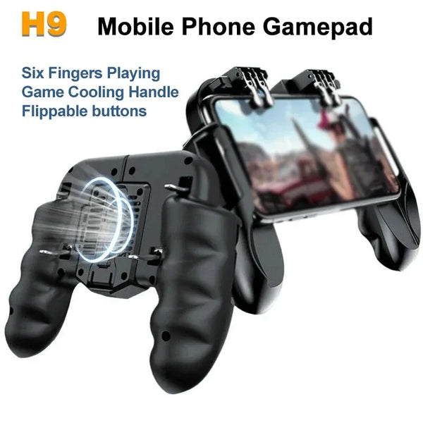 Black mobile phone gamepad controller with cooling fan and six finger triggers, clamps phone