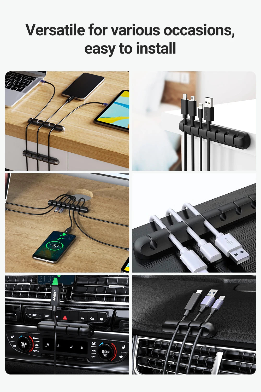 Black adhesive cable holder clips for organizing USB cords on desks and appliances