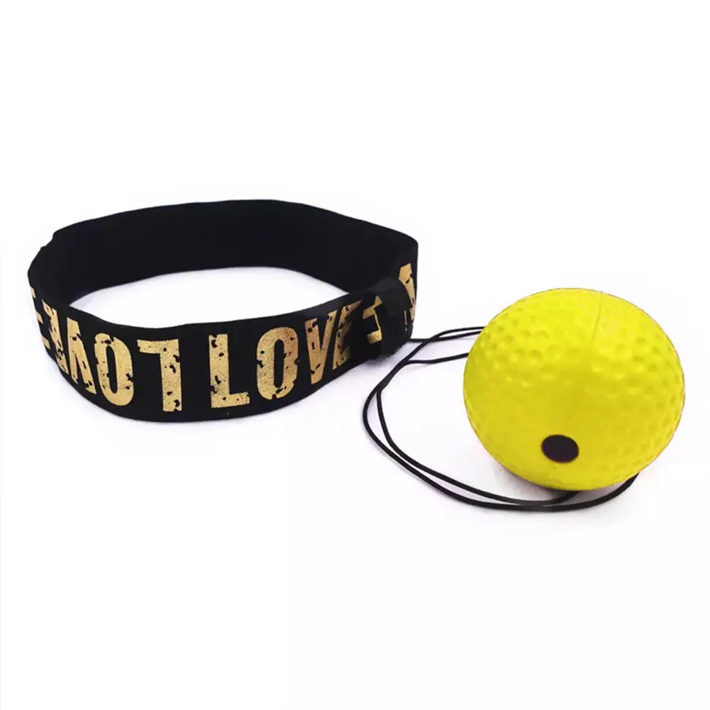 Yellow reflex punch ball with black headband and gold “I LOVE” lettering