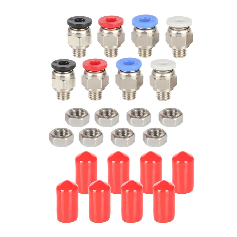 PTFE pneumatic connector kit with multiple brass fittings, hex nuts, and red tube ends