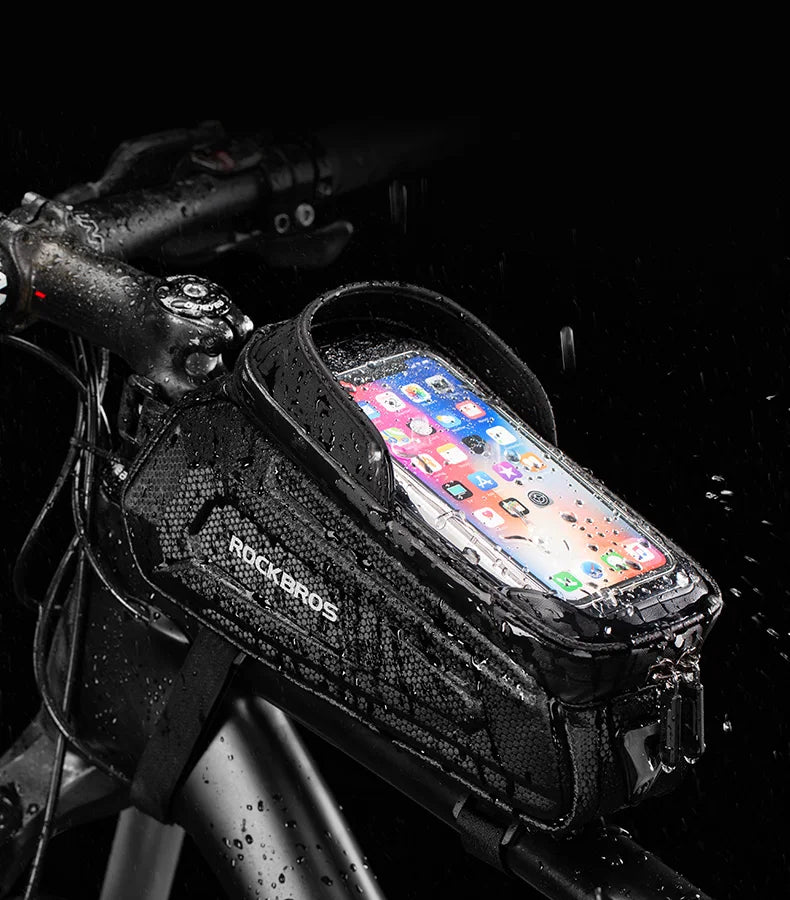 Black waterproof bicycle frame phone bag with touch-screen window