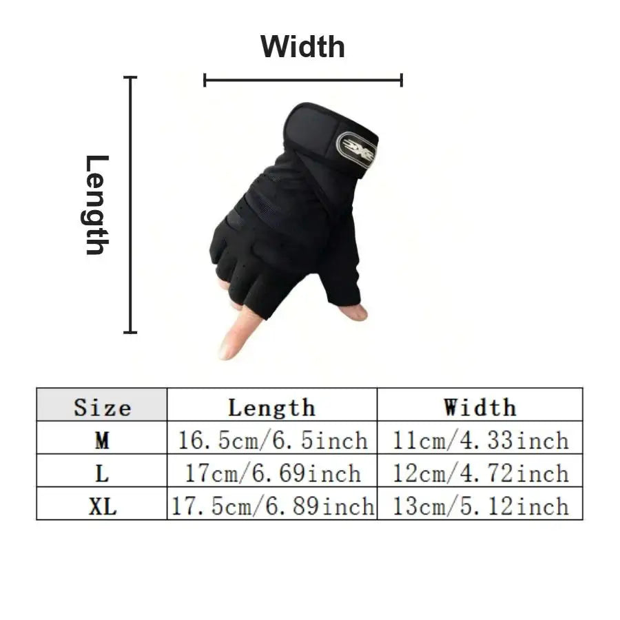 Black weight lifting gloves size diagram with wrist strap; size chart for M–XL.