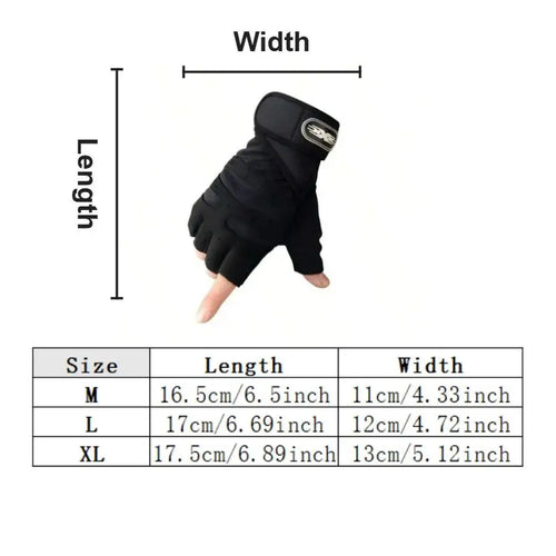 Black weight lifting gloves size diagram with wrist strap; size chart for M–XL.