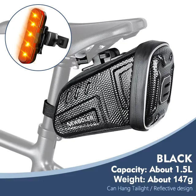 Waterproof black bicycle saddle tool bag with textured fabric, zipper, and reflective side panel