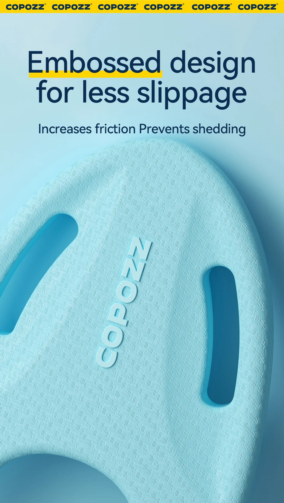 Blue EVA swimming floating board embossed anti-slip texture close-up with COPOZZ logo