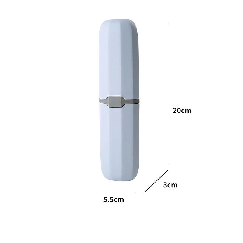 Light blue ribbed toothbrush holder case with size markings (about 20 x 5.5 x 3 cm)