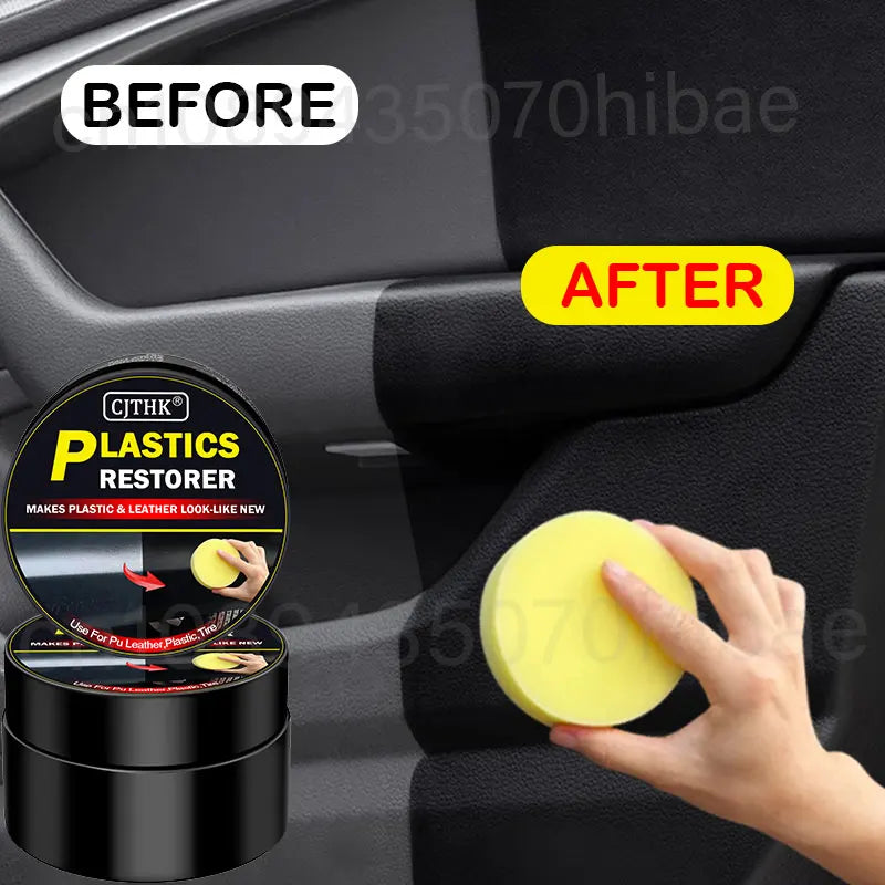 Car interior plastic restorer set with jar and yellow sponge applicator