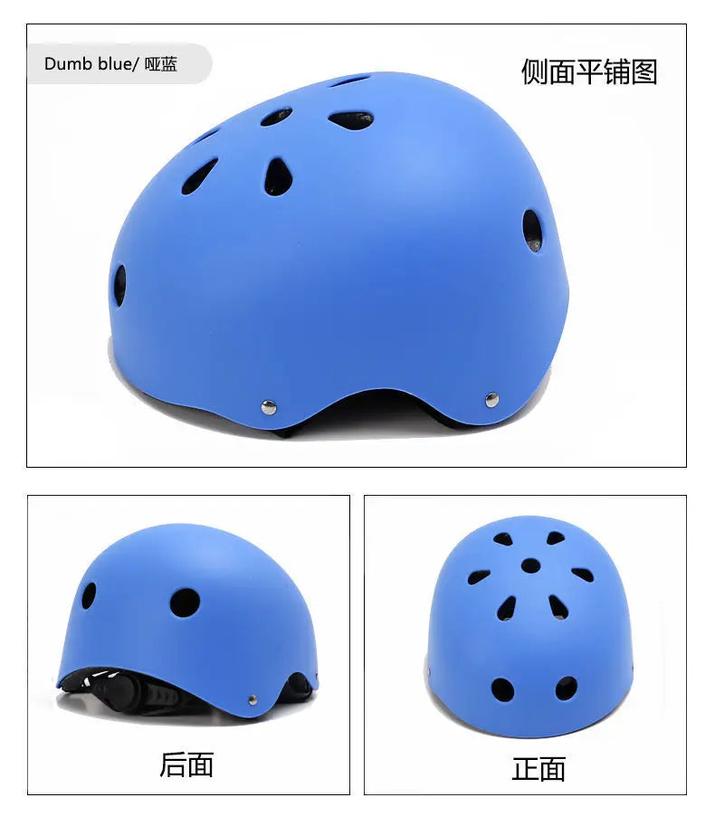 Blue kids bike helmet with multiple ventilation holes, shown from front and side.