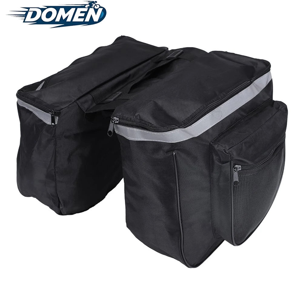 Black waterproof bicycle rear seat double pannier bag with reflective strip and side zippers