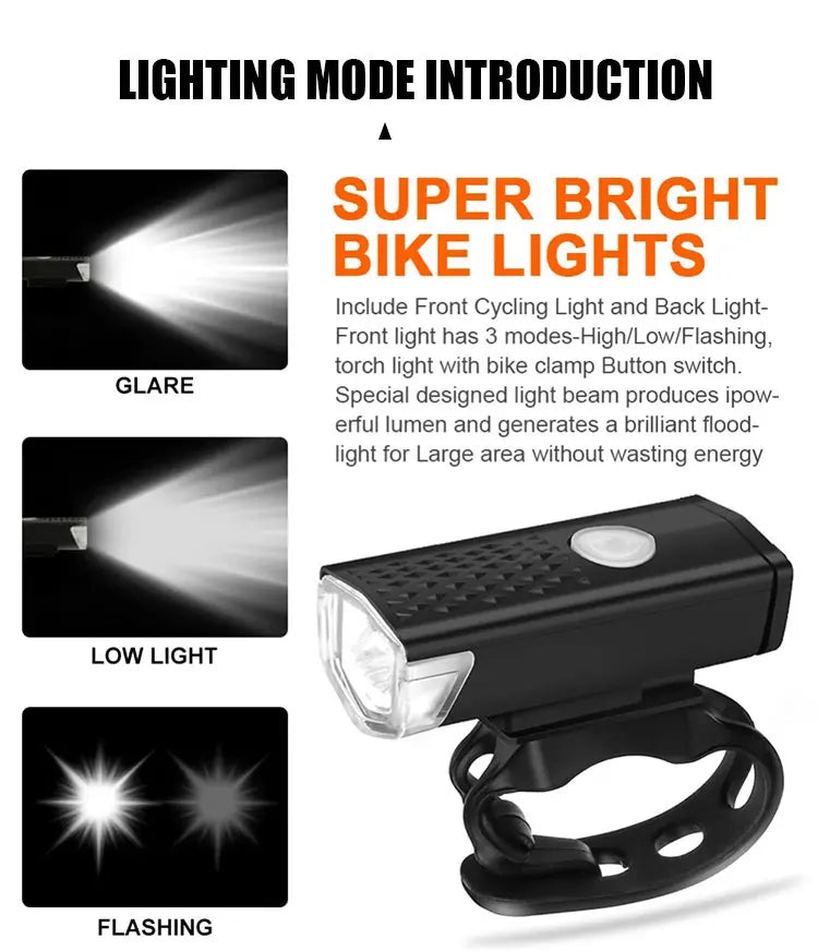 Black bicycle headlight with clear lens, bright illumination on low and flashing modes