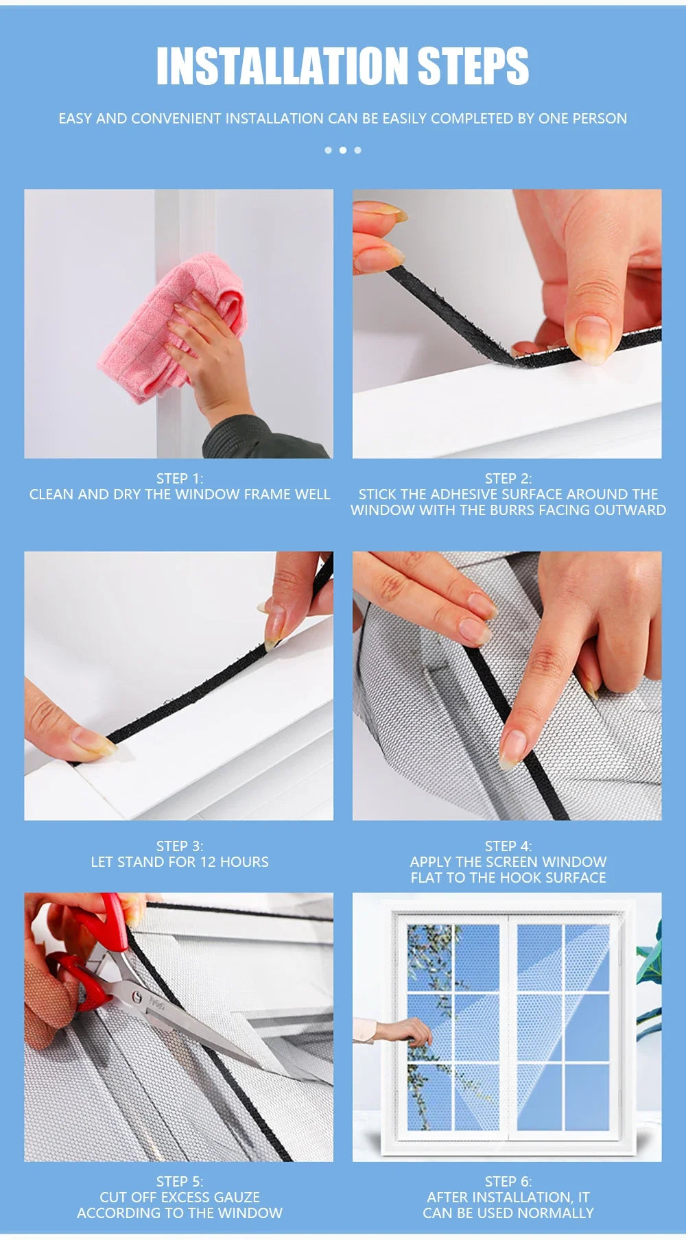 Anti-mosquito screen window installation steps showing measure, cut, stick