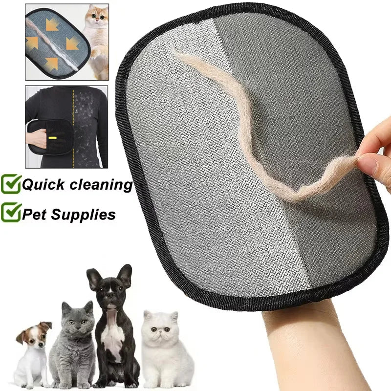 Black pet hair remover glove with textured mesh and lint-catching pad