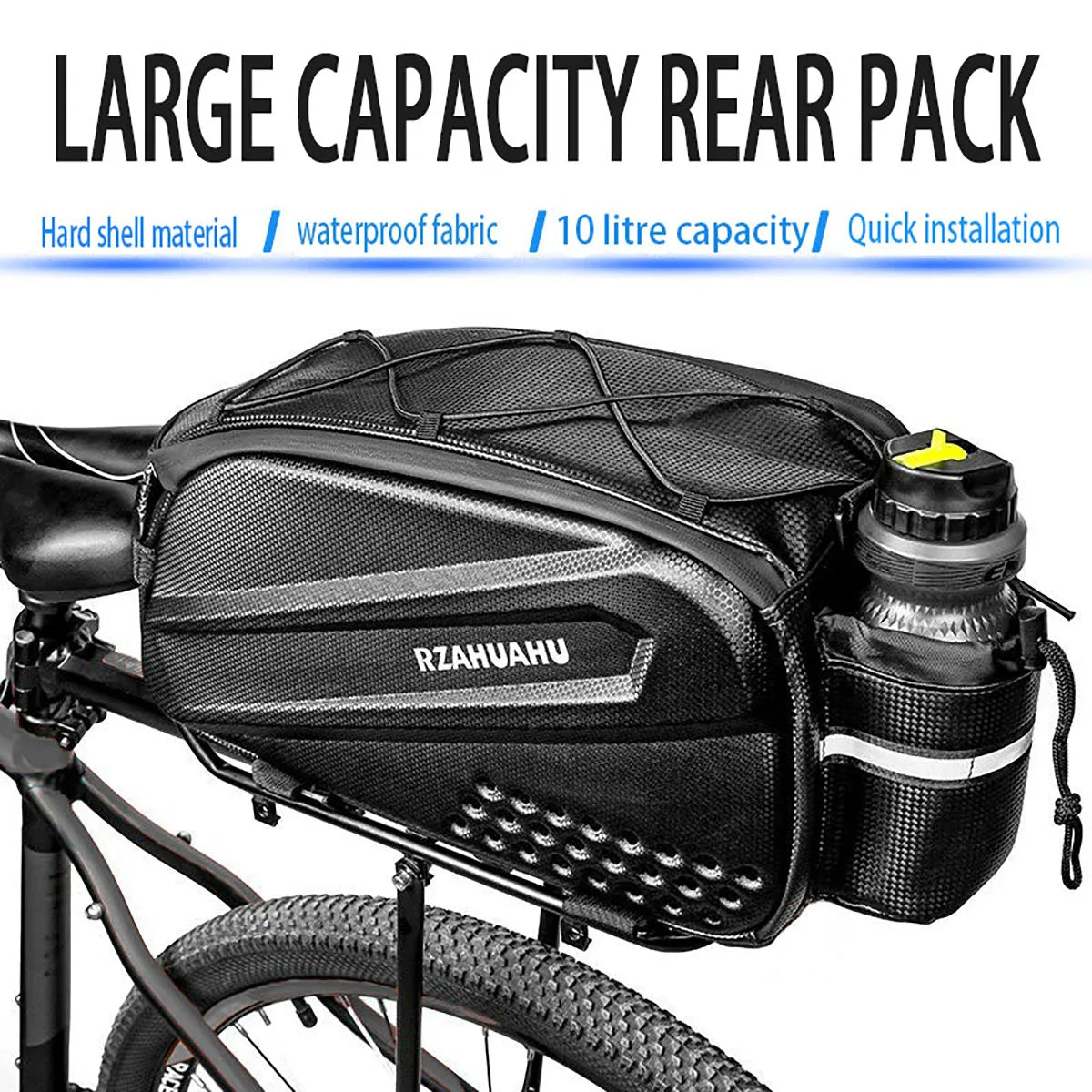 Hard-shell bicycle rear rack bag, black textured body with top handle and bottle pouch