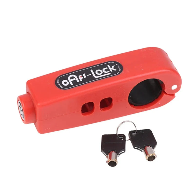 Bike handlebar grip lock, red housing with key cylinder and two keys