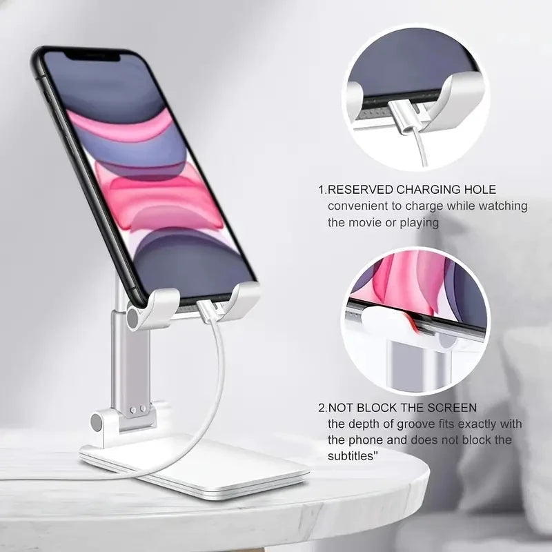 Adjustable desk phone stand with charging cutout and cable-friendly cradle
