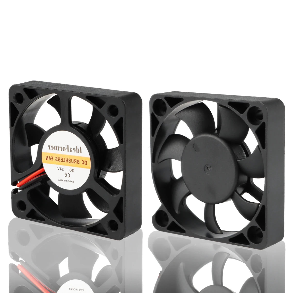 Black DC brushless cooling turbo fan with red and black wires, square mounting frame.