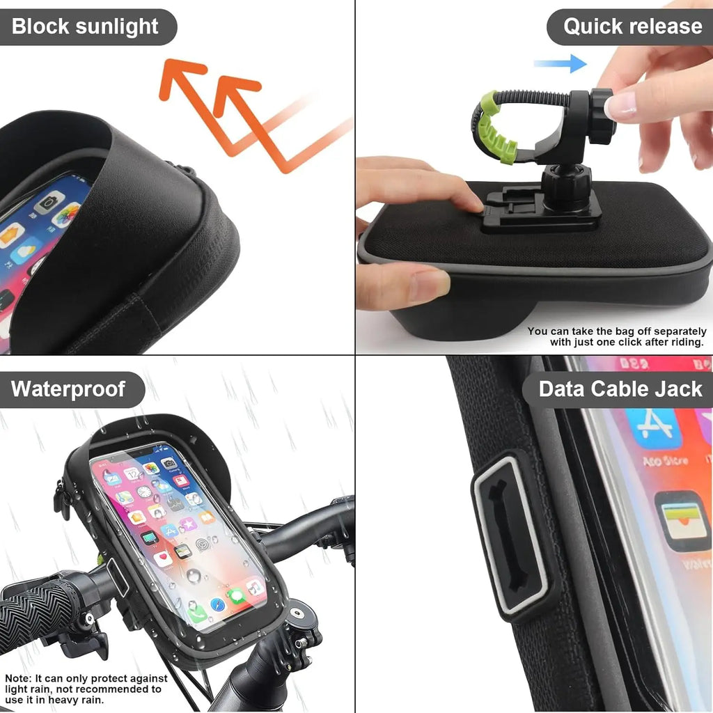 Black waterproof bicycle phone touch-screen holder with sealed zipper and clear window