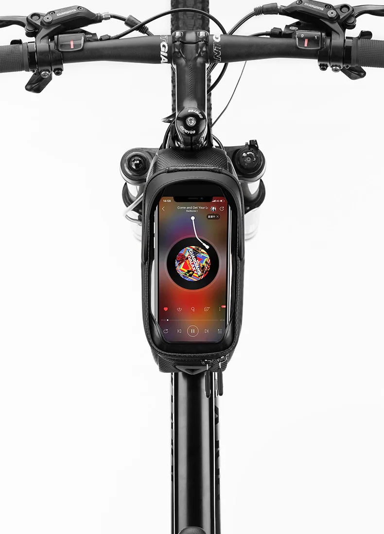 Black front tube mount phone bag with clear touch-screen window for phone