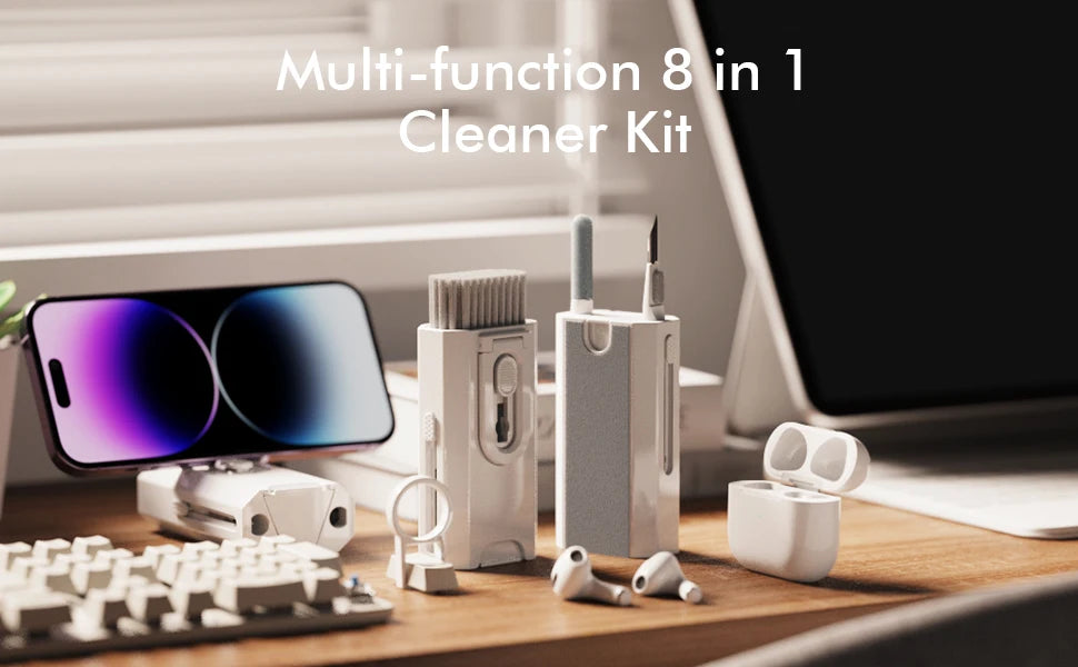 8-in-1 multi-function cleaning tools arranged for keyboard and device care