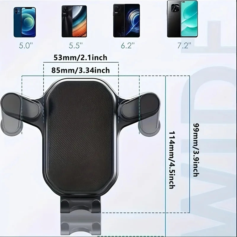 Black car air-vent phone holder with dual side clamps and cradle size diagram