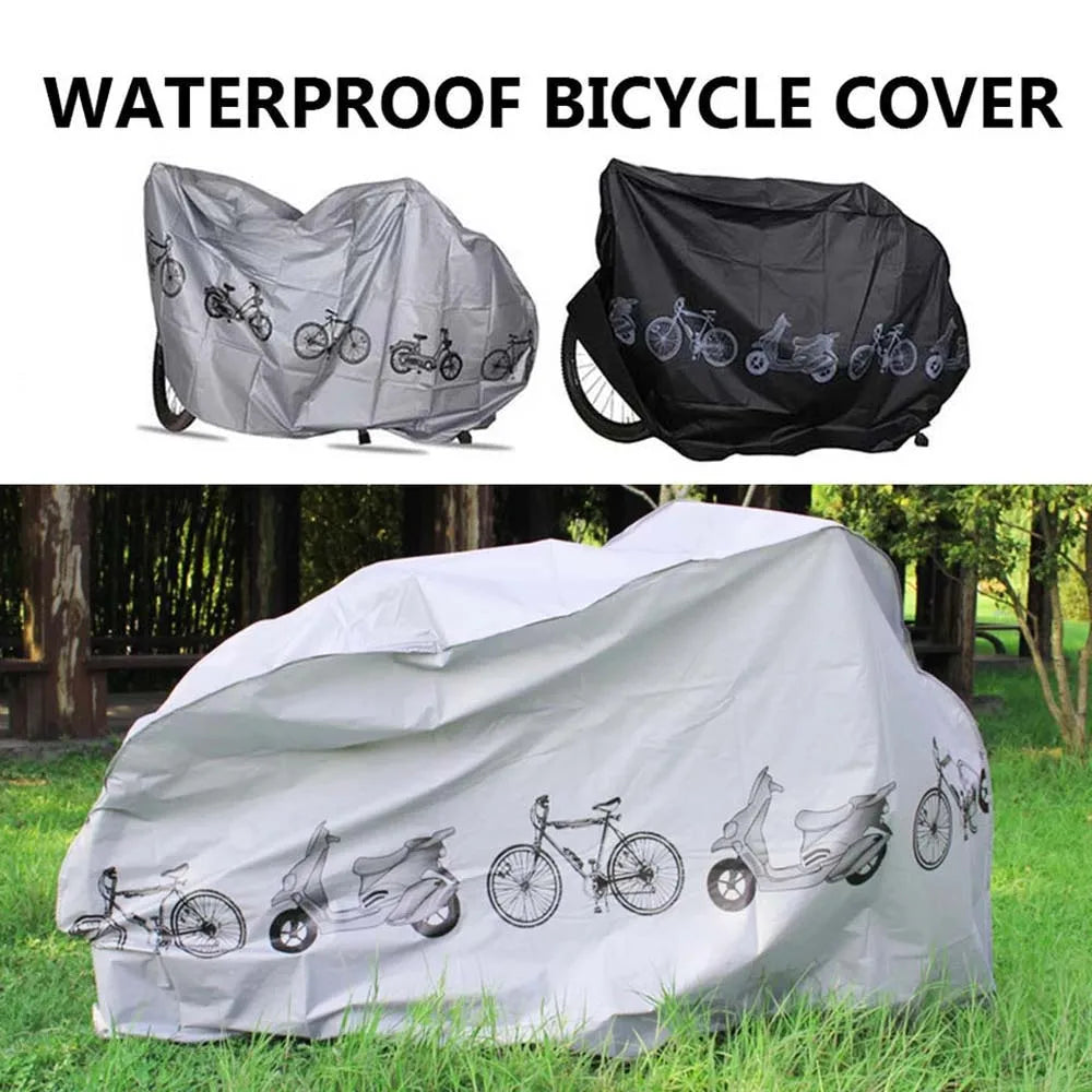 Waterproof bicycle cover set, grey and black covers with bicycle graphics, draped fit