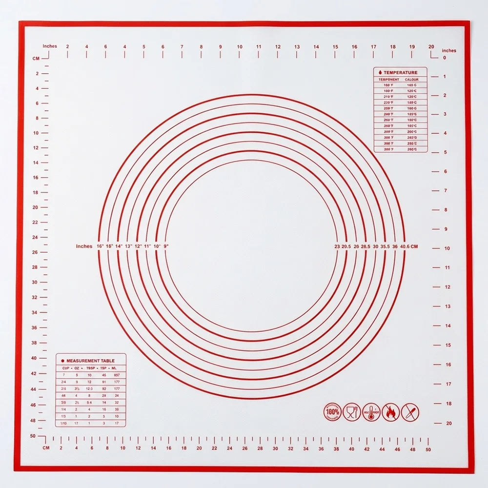 Silicone baking mat with concentric circle guide, rulers on edges, and temperature chart