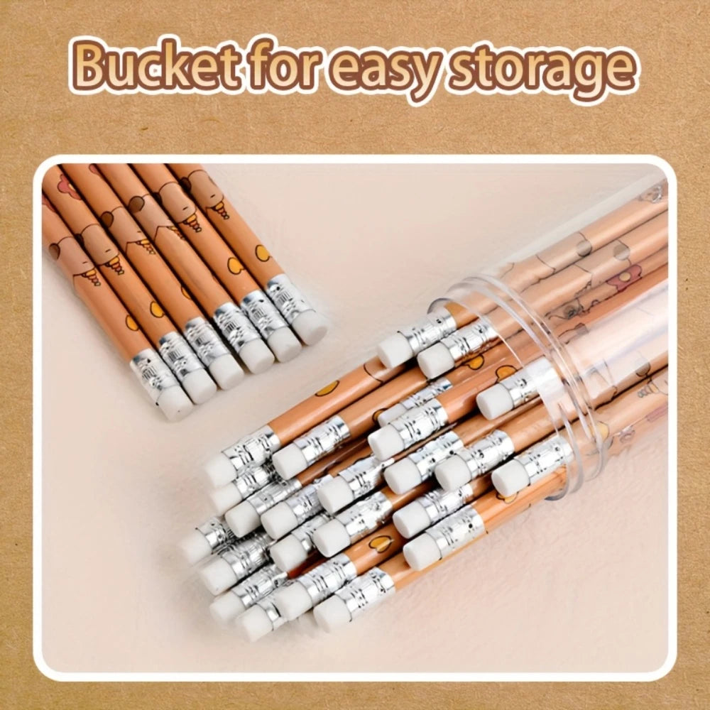Clear bucket storage with capybara cartoon HB pencils arranged inside