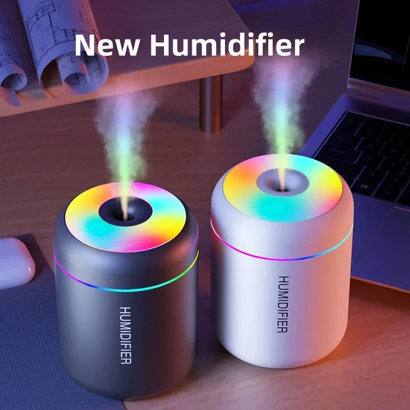 White mini USB humidifier with rainbow LED top ring and rising mist