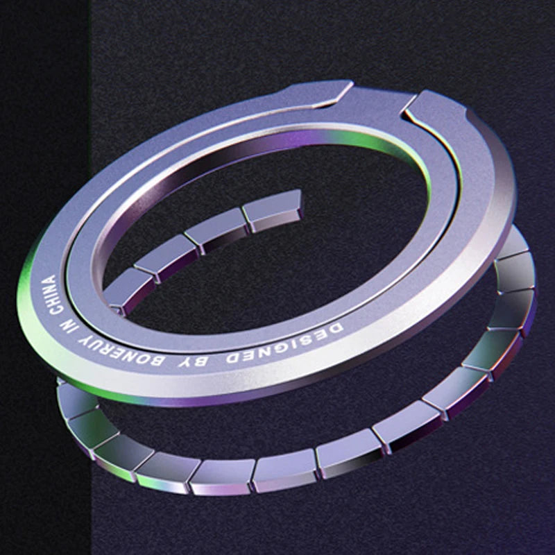 Iridescent purple magnetic phone ring holder with circular stand and segmented hinge