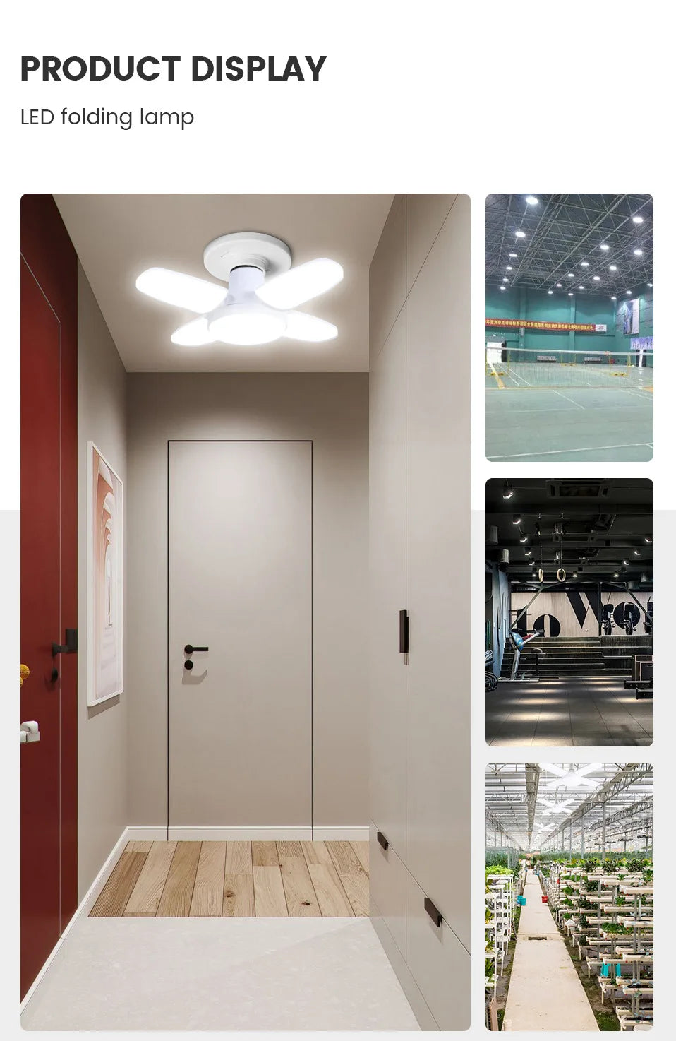 Foldable LED fan lamp ceiling light with four white blades and E27 base