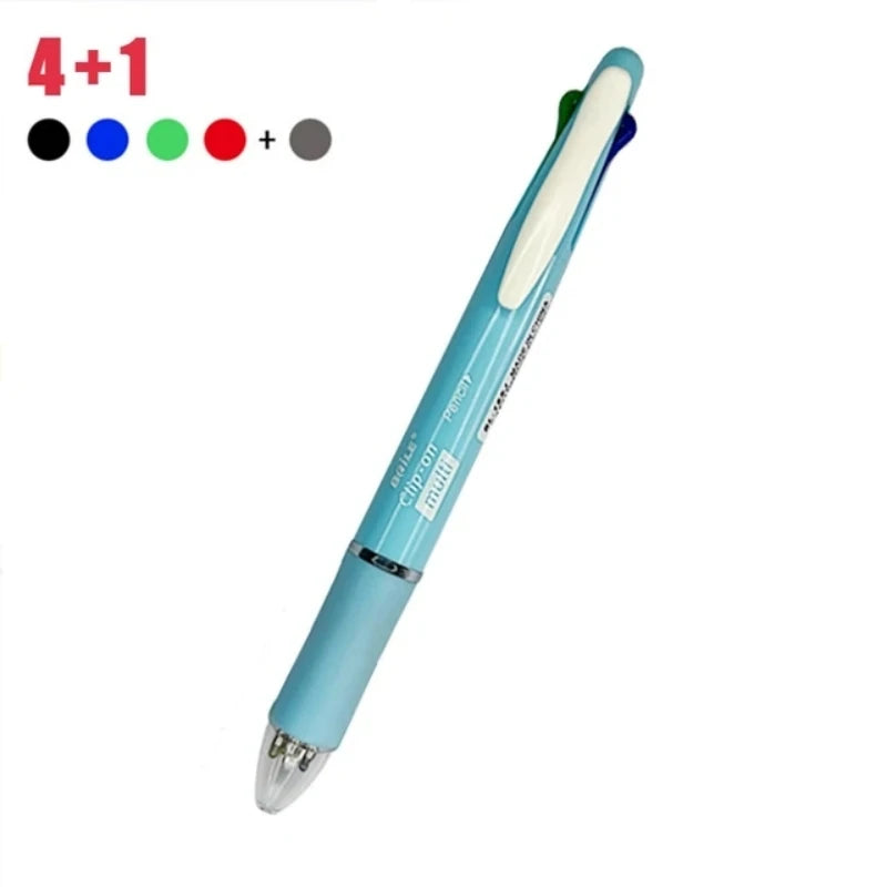5-in-1 multicolor pen with automatic pencil and eraser, light blue barrel