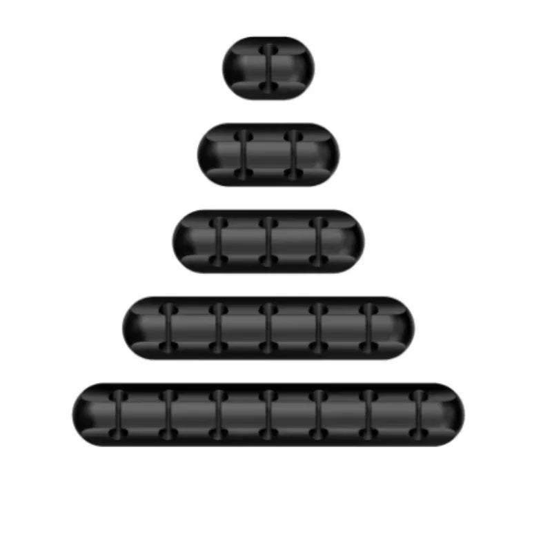 Set of black cable organizer snap clips with multiple cord slots