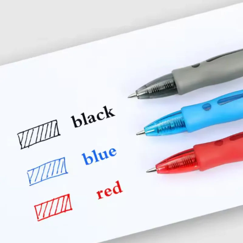 Retractable gel pens in black, blue, and red