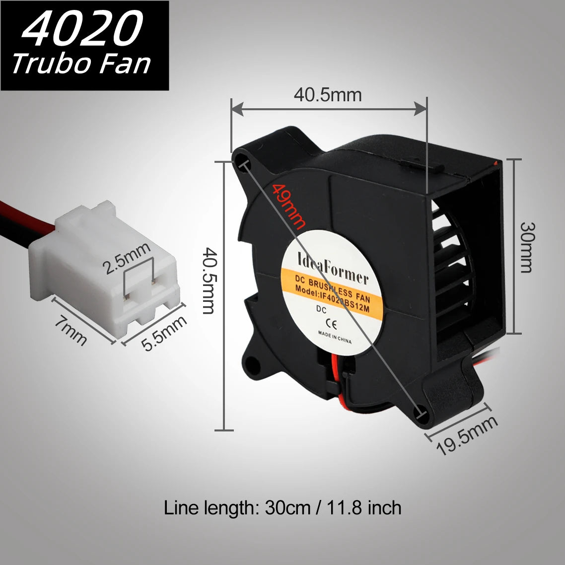 Brushless DC turbo fan, black 40x40x20mm with 2-pin connector for 3D printer