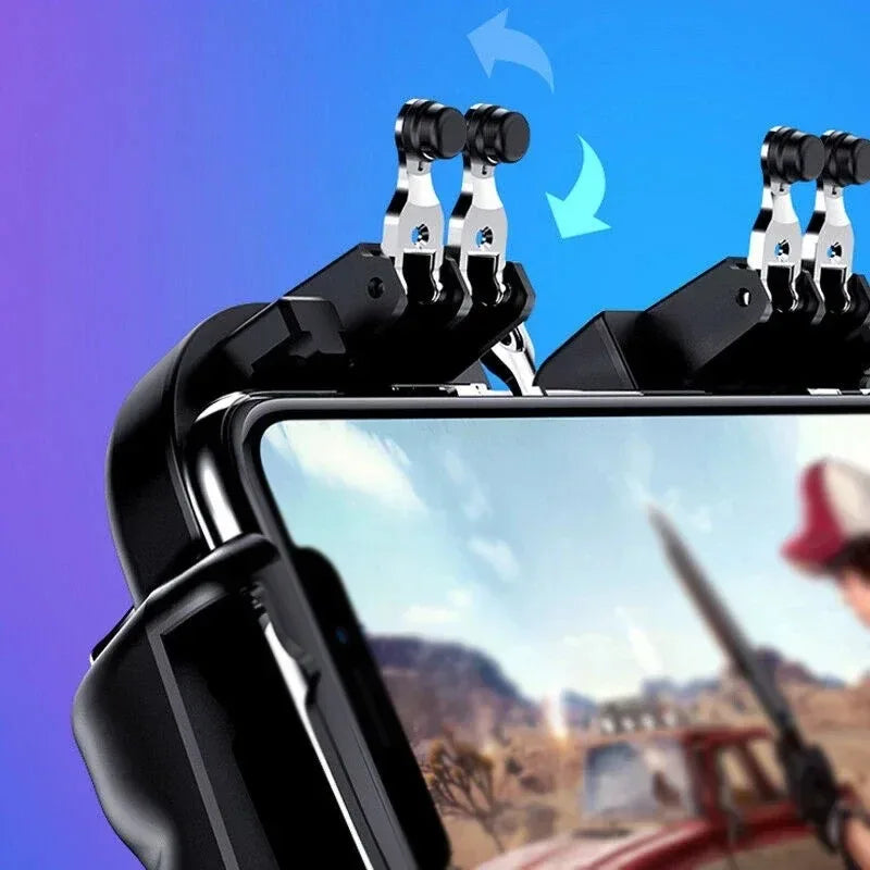 Black mobile phone gamepad controller with triple trigger buttons and phone holder, angled view