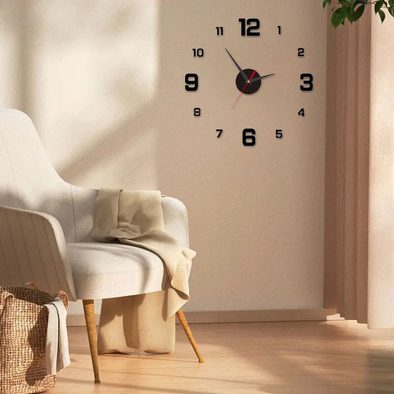 DIY wall clock sticker with black round clock face, black hands and red second hand, 1–12.