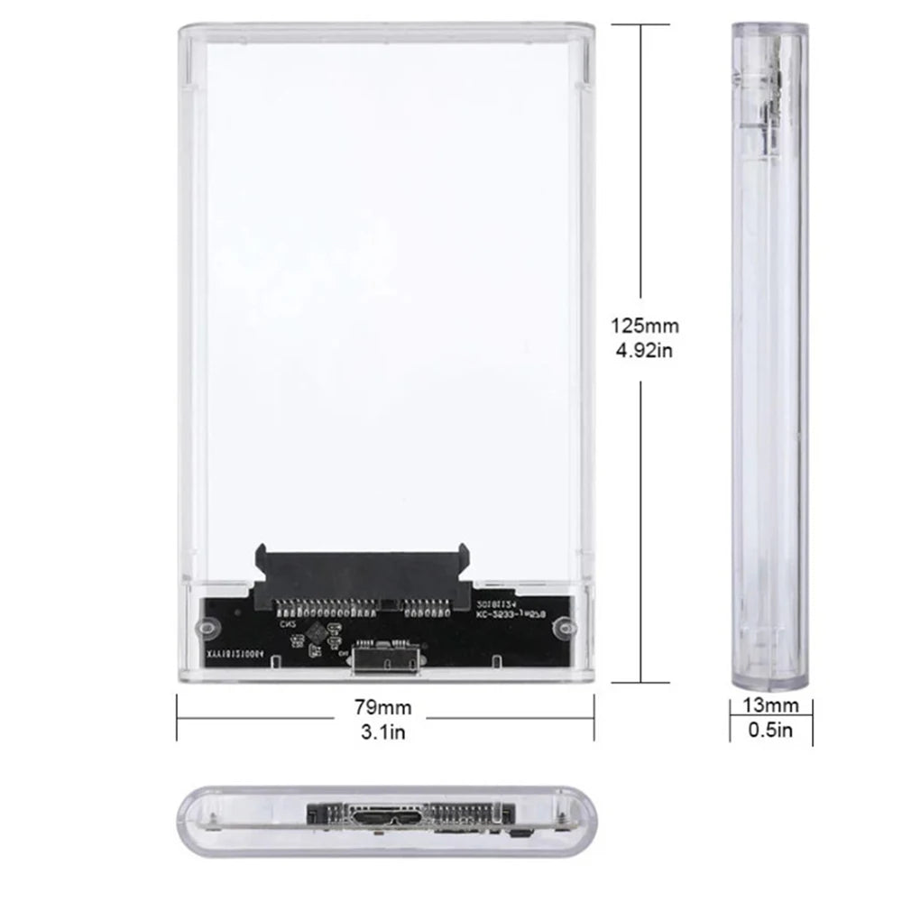 2.5-inch transparent hard drive enclosure case with size dimensions labeled