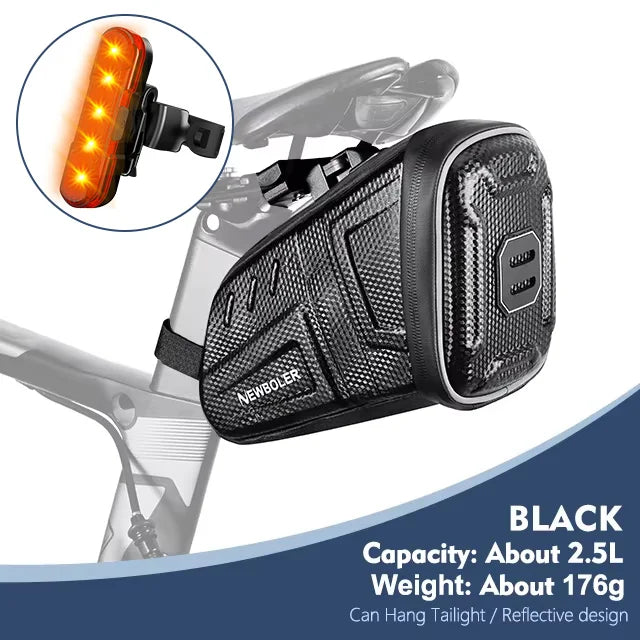 Waterproof black saddle tool bag with rear light feature and reflective panel