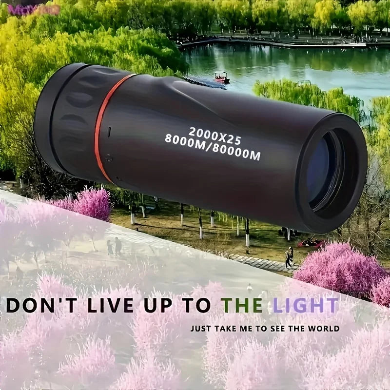 Black monocular telescope with red ring and front objective lens, side view