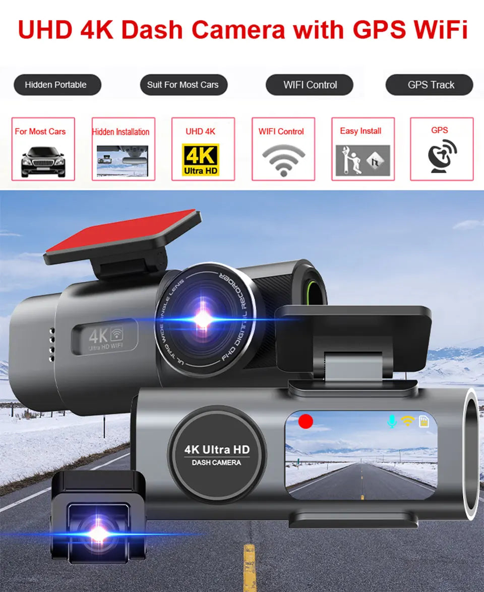 4K dash cam DVR with wide-angle lens, built-in display, and Wi‑Fi/GPS features