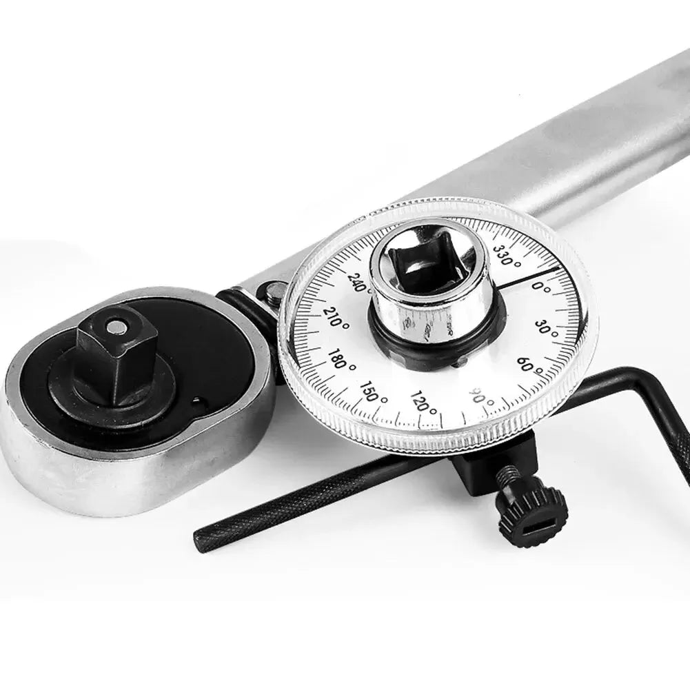 Torque meter wrench set with silver dial, black cap, and calibration degree scale
