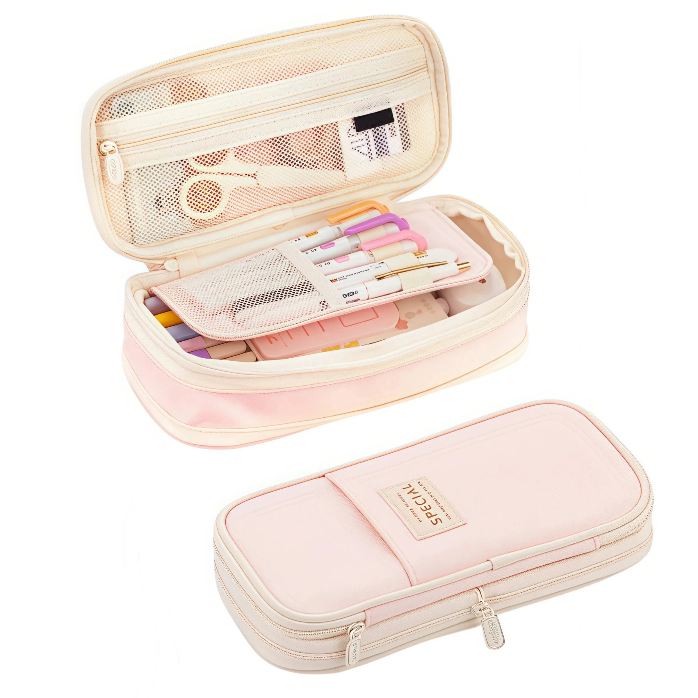 Pink pencil case with mesh organizer top, pastel pens inside, and zip closure