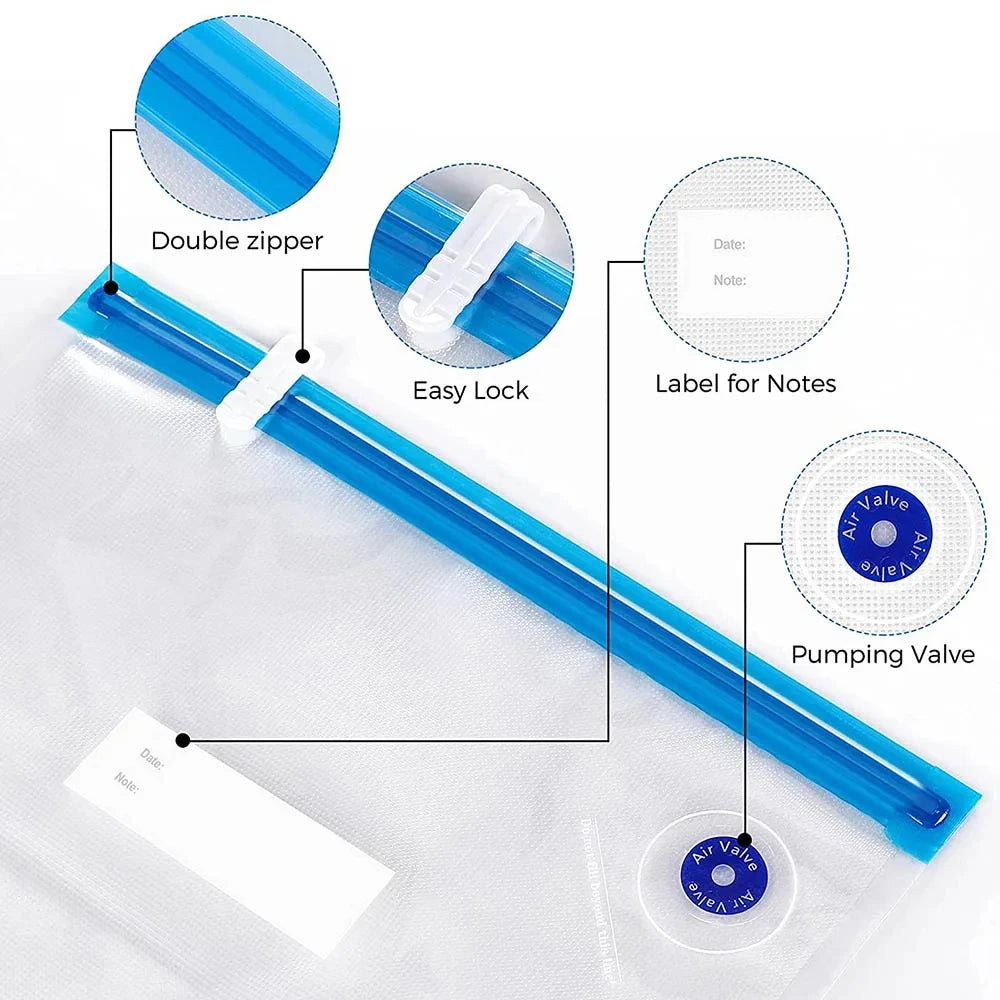 Vacuum storage bag with double zipper, easy lock, label area, and air valve
