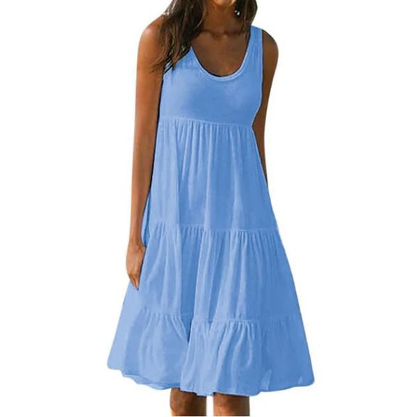 Sky blue sleeveless mini dress with tiered ruffle skirt and scoop neckline