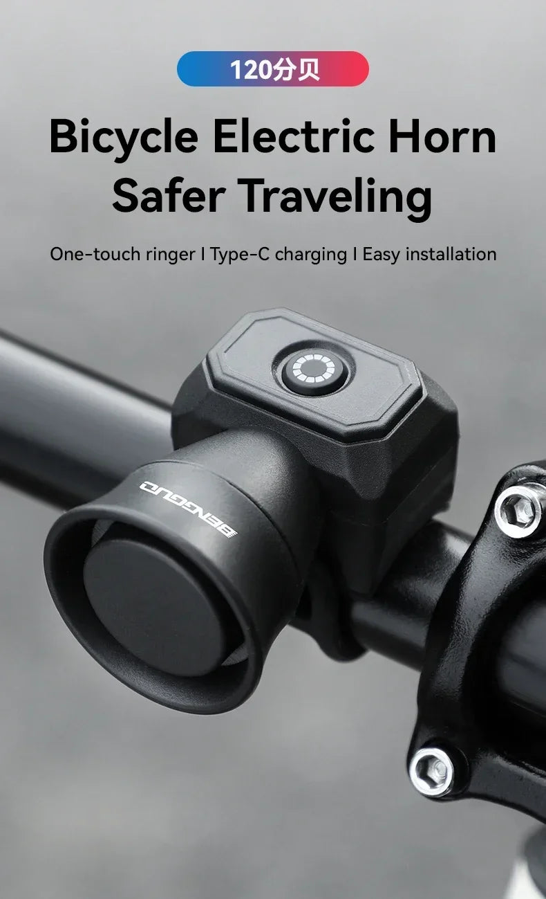 Black bicycle electronic horn bell on handlebar with front sound opening